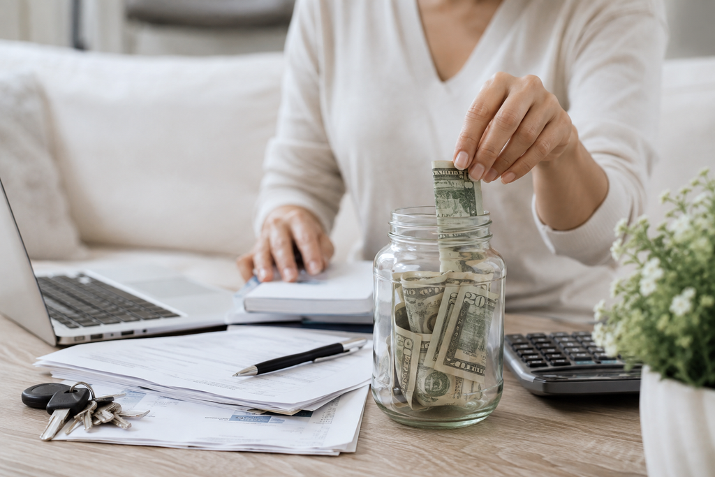 woman putting money into jar