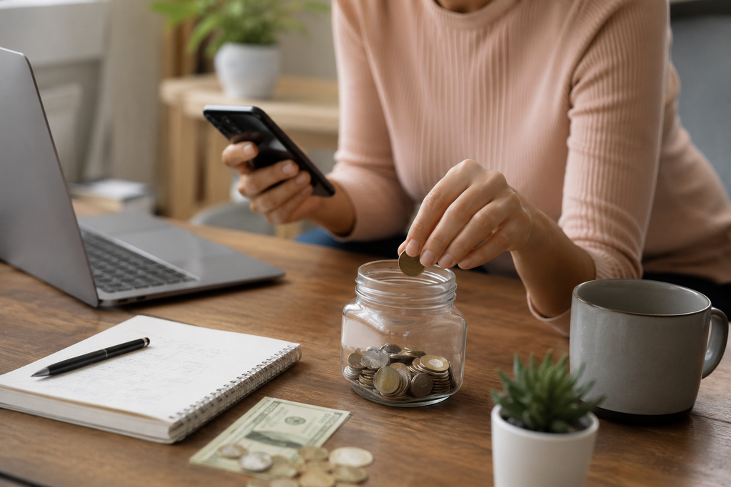 woman with coins in hand at desk