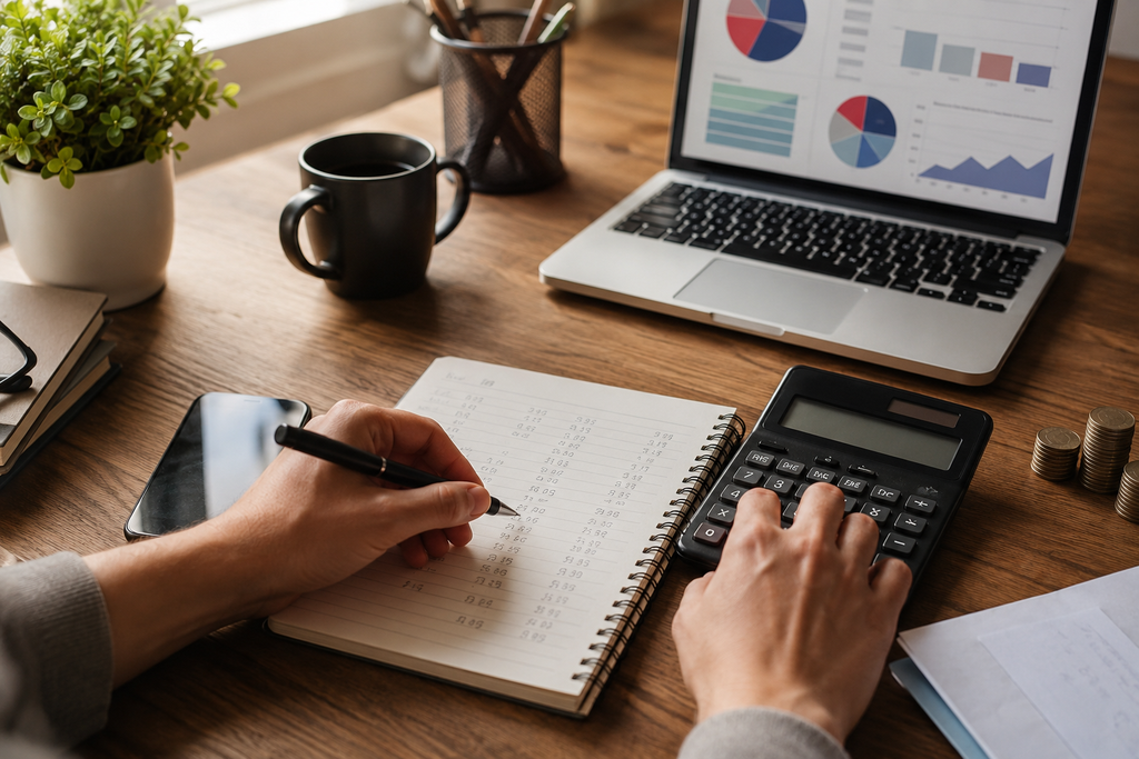 a person writing their financial management plan in front of a computer