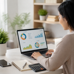 Woman sitting at a computer reviewing best free financial wellness tools for managing money