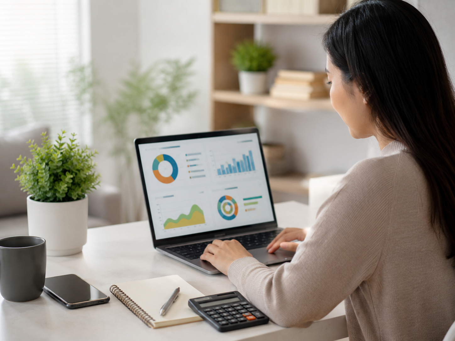 Woman sitting at a computer reviewing best free financial wellness tools for managing money