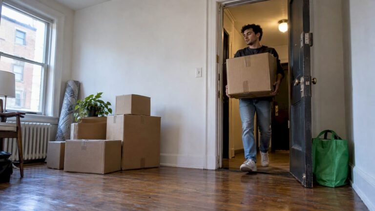 First-time renter carrying moving box