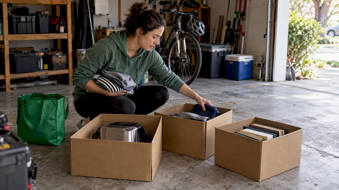 Person sorting household items for resale