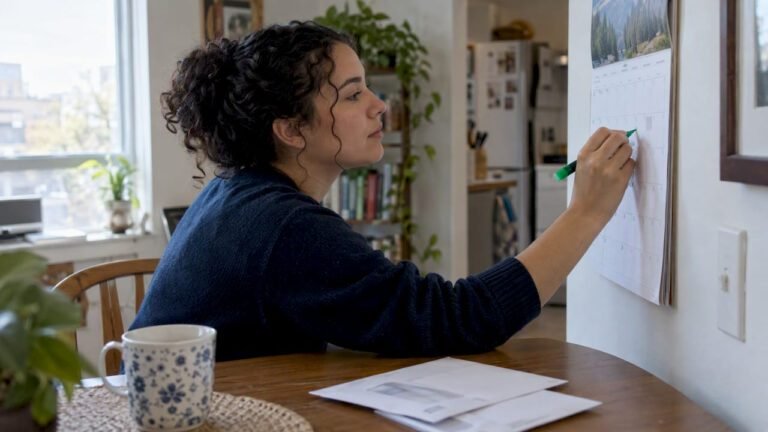 Person marking bill reminders on calendar