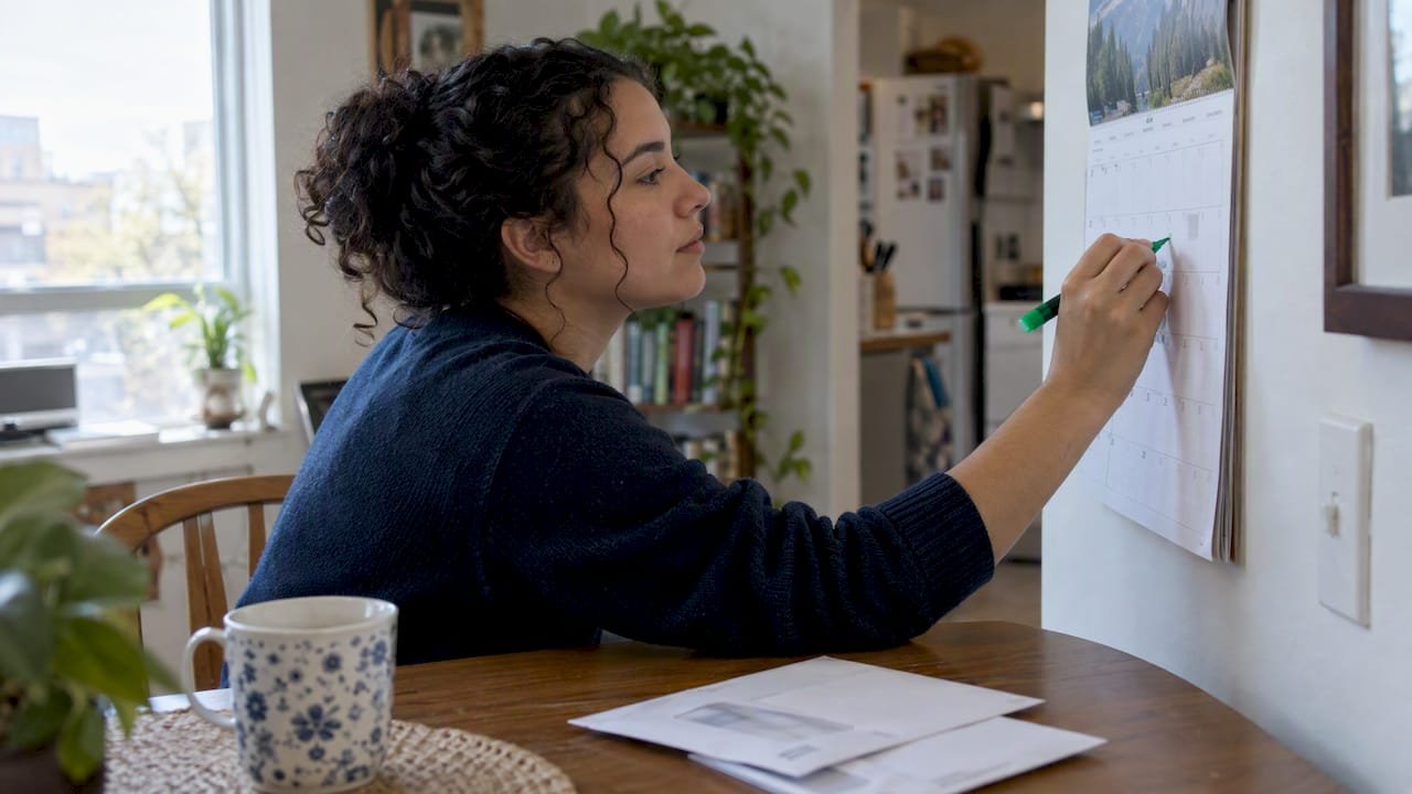 Person marking bill reminders on calendar