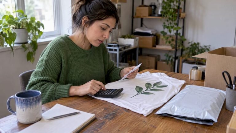 Seller calculating costs beside printed shirt